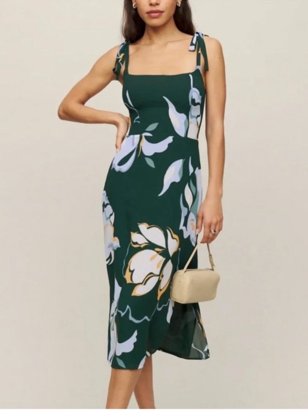 Reformation Besse Tie Strap Midi Dress in Emerald Green Floral Front Slit 6